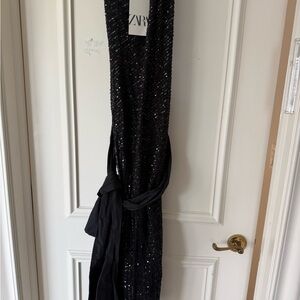 Zara Black Sequin Strapless Evening Dress with Waist Sash